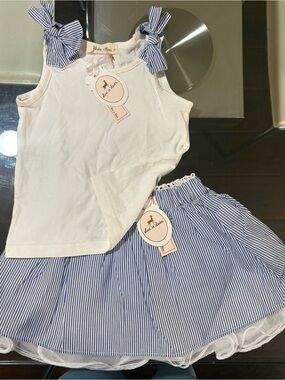 bee & dee White Tank Top & Blue Stripe Skirt Kids Matching Set